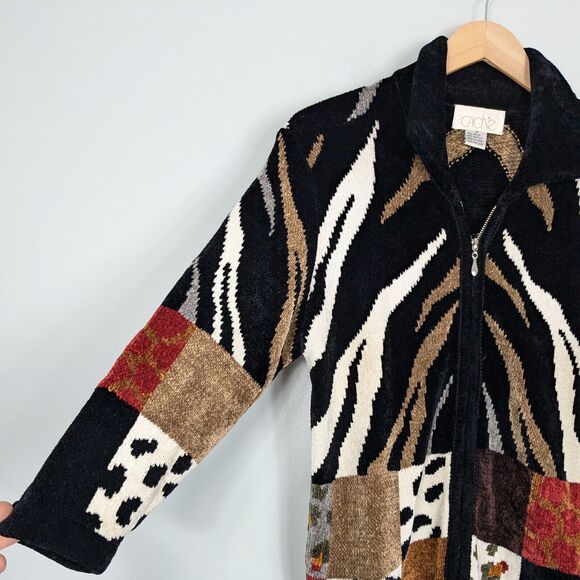 Vintage Cache Cardigan Sweater Full Zip Animal Print Velour Mob Wife Black Tan M - Picture 3 of 12